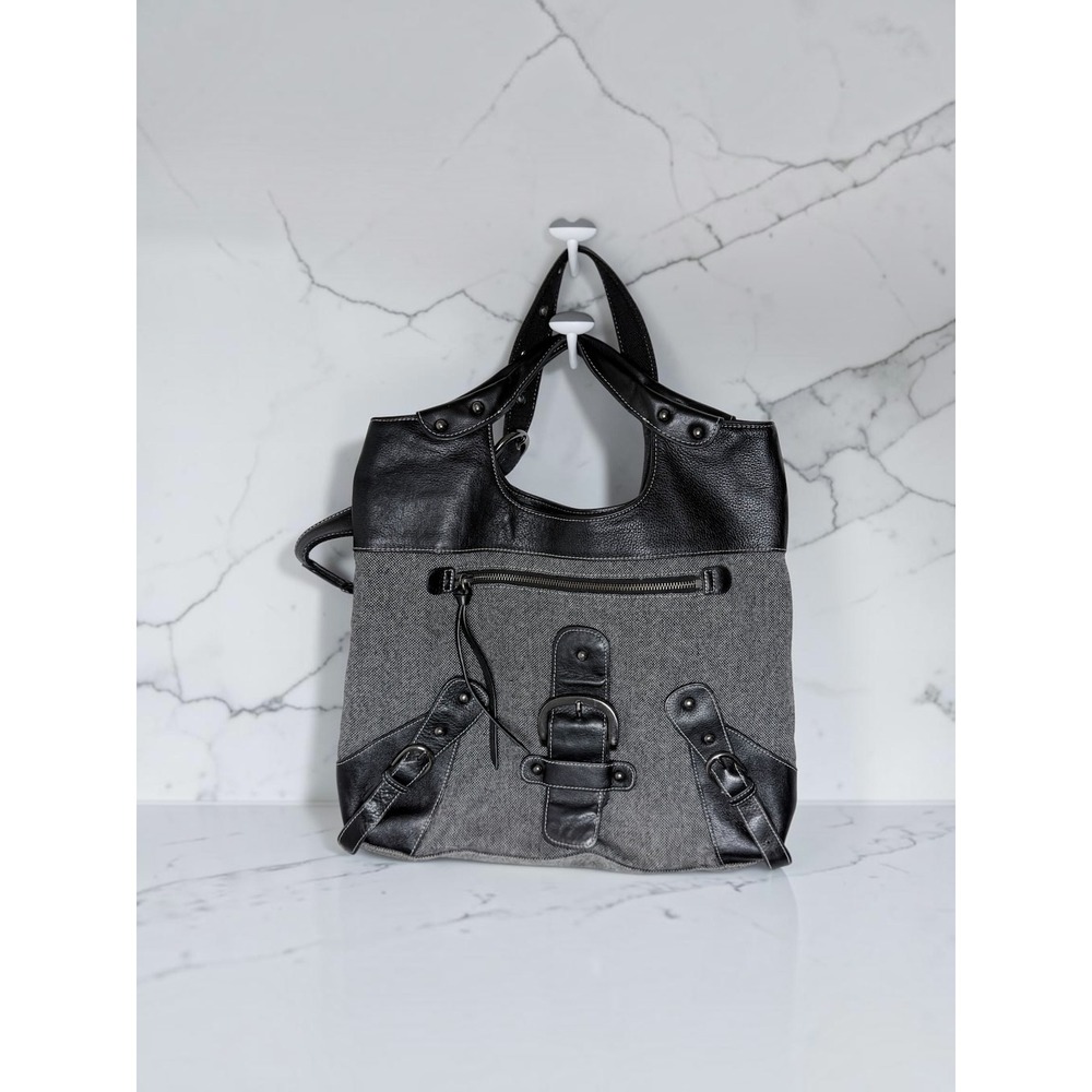 BCBGMAXAZRIA Hobo Bag Womens Large Grey Black Moto Leather Canvas Buckle Tote